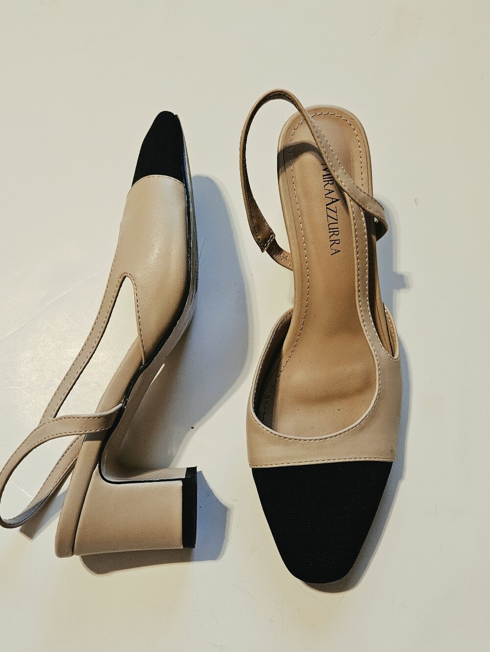Mira Azzurra Beige and Black Slingback Block Heel Size 7